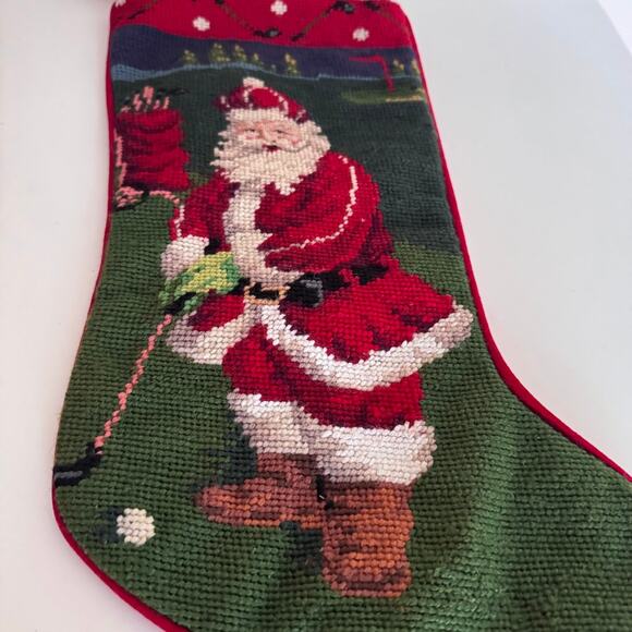 Vintage Wool Needlepoint Christmas Stocking Santa Playing Golf Handmade Golfer - Picture 2 of 6